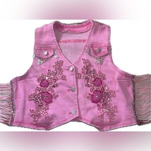 Beyonce Custom Pink Embellished Fringe Denim Vest and Shorts